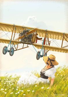 a painting of an old fashioned biplane flying over a woman in a white dress and straw hat