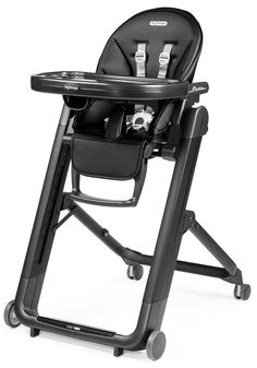 a black high chair with wheels on it