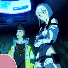 three anime characters standing in front of a tv