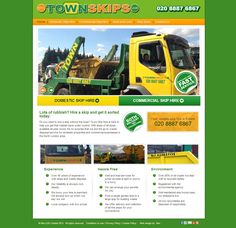 the website for town skips is displayed on a green background with yellow dump trucks