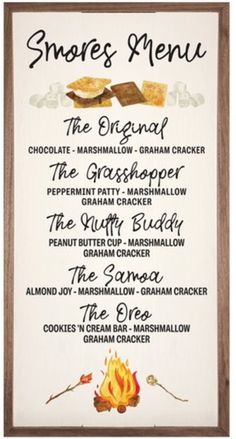 a sign that says smores's menu with the names and description on it