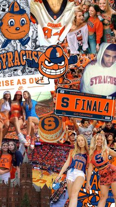 the collage shows an orange and white football team, fans, and mascots