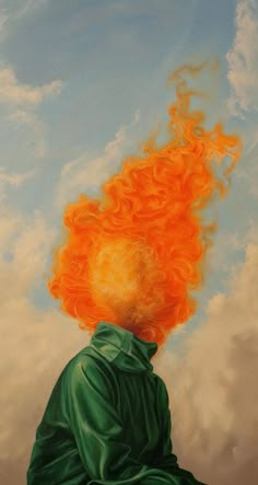 a painting of a person with an orange wig on their head and hair blowing in the wind