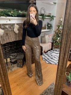 Holiday Flare Pants, Sequin Pants Winter, New Years Sparkle Outfit, Sparkly Pants Outfit Nye, Velvet And Sequin Outfit, New Year’s Eve Pants Outfits, Glittery Pants Outfit, Gold Sequin Trousers Outfit, Semi Casual New Years Outfit