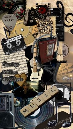 a collage of music related items including an electric guitar