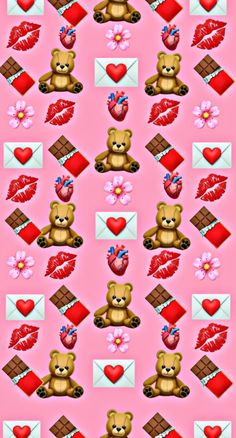 a pink background with hearts, teddy bears and envelopes in the shape of hearts