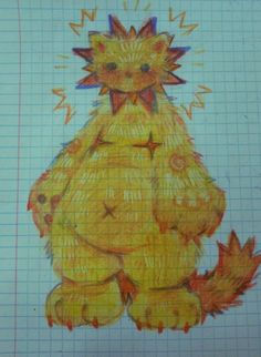 a drawing of a yellow chicken sitting on top of a piece of paper