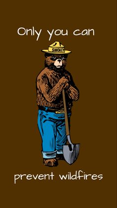 a bear wearing a fireman's hat and holding a shovel with the words, only you can prevent wildfires