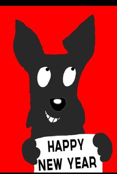 a black dog holding a sign that says happy new year