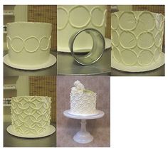 four different views of a wedding cake with white frosting and decorative designs on it