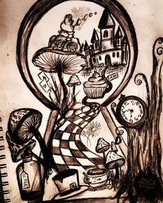 a drawing of a clock and other items in front of a mirror with an image of a castle on it