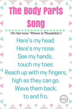 the body parts song is shown in pink, blue and green with an orange background