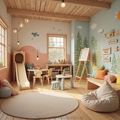 a child's room with wooden floors and walls