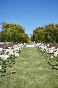 an outdoor ceremony with white flowers and benches