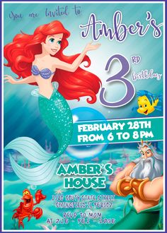 the little mermaid birthday party poster with ariel and flounds on it's back