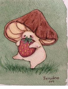 a drawing of a bunny holding a strawberry under a mushroom