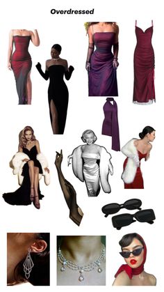 a collage of women in evening dresses and accessories