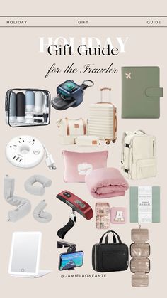 the gift guide for the traveler is shown in this image, including luggage and other items