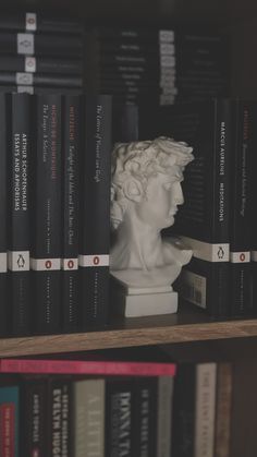 a white busturine sitting on top of a book shelf in front of books