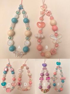 three different types of beaded bracelets hanging from strings on a white surface with the letters abc, b, c, df and f