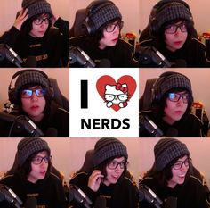 a woman wearing glasses and a beanie talking on a cell phone with the words nerds above her