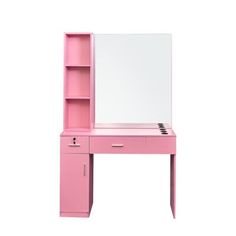 a pink desk with a mirror and shelf on it's side, against a white background