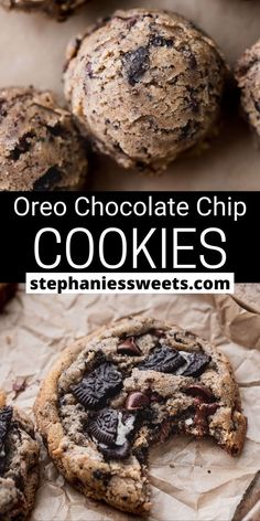 oreo chocolate chip cookies on parchment paper with text overlay that reads oreo chocolate chip cookies