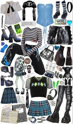 a collage of clothing and accessories including boots, skirts, sweaters, socks