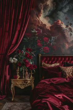 Dark and moody Art Deco bedroom with rich textures and metallic accents Victorian Gothic Bedroom, Condo Room, Burgundy Bedroom, Red Bedroom Design, Bedroom Revamp, Royal Bedroom, Gothic Bedroom, Victorian Bedroom, Moody Bedroom