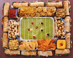 an overhead view of a football field made out of food