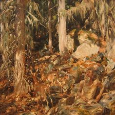 an oil painting of trees and rocks in the woods