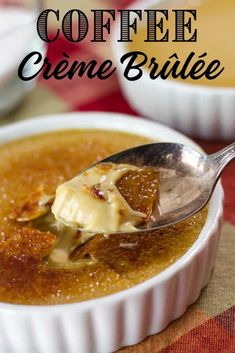 coffee creme brulee in a white bowl with a spoon