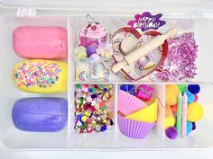 a plastic container filled with lots of different types of treats