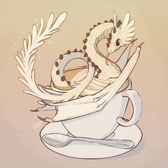 a drawing of a dragon sitting on top of a coffee cup with its wings spread out