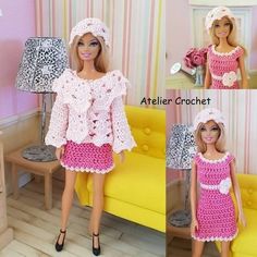 the doll is wearing a pink crochet dress and hat with matching shoes for her