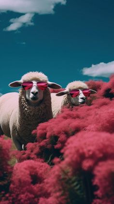 two sheep with red glasses standing in the middle of some pink bushes and flowers on a sunny day