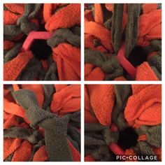 three pictures of orange and grey fabric with pink handles on each side, one showing the end of a piece of cloth that has been torn off