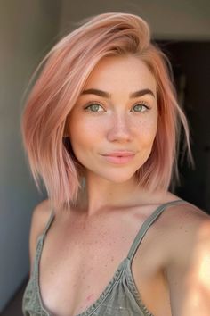 37 Fiery Strawberry Blonde Hairstyles To Ignite Your Style Peachy Blonde Hair Rose Gold, Peachy Hair Color Rose Gold, Strawberry Milk Hair Color, Rosé Blonde, Short Pink Bob, Short Strawberry Blonde Hair, Strawberry Blonde Hairstyles, Peachy Hair Color, Rose Gold Hair Balayage