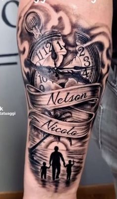 a man with a tattoo on his leg that says neron nicole and two children