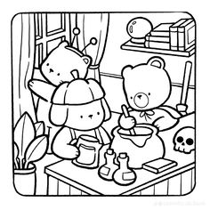 a black and white drawing of two teddy bears eating at a table with a skull in the background