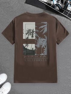 Men T-Shirts Fit Crew Neck Short Sleeve Graphic Tee Palm Tree Casual Fashion Men Clothes Summer Chocolate Brown Casual  Short Sleeve Knitted Fabric Letter,Tropical  Slight Stretch  Men Clothing, size features are:Bust: ,Length: ,Sleeve Length: Men’s Graphic T Shirts, Trendy Shirts Men, Mens Fashion Graphic Tees, Cool Shirts Aesthetic, Outer Banks Fits, Men Graphic Tees, Brown Graphic Tee, Mens Retro Shirts, Graphic Tees Men