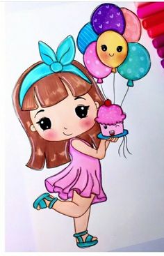 a drawing of a girl holding balloons and a cupcake