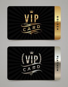 two black and gold business cards with golden foil lettering on the front, one has a crown