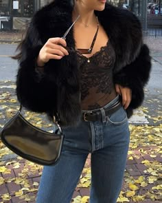 Baddie winter outfit idea for going out in this black lace bodysuit, jeans and fur coat. Bodysuit baddie outfit to wear when it's cold outside. Cold Night Out Outfit, Lingerie Outfit Going Out, Bodysuit Jeans, Faux Fox Fur Coat, Classy Lingerie, Lingerie Outfit Night, Winter Cool, Faux Fur Collar Coat, Baddie Outfit