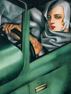 a painting of a woman sitting in a car with her head out the window and wearing a scarf