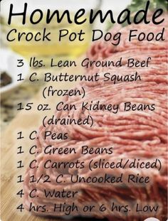 the ingredients for homemade crock pot dog food on a cutting board with text overlay