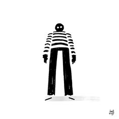 a black and white drawing of a person wearing a striped shirt with his hands in his pockets