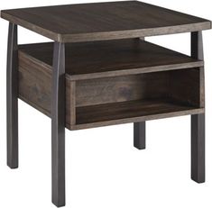 the end table has two drawers on each side and one drawer is open to reveal something