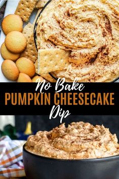 no bake pumpkin cheesecake dip in a black bowl with cookies on the side