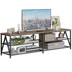 an entertainment center with two shelves and a flat screen tv mounted on top of it